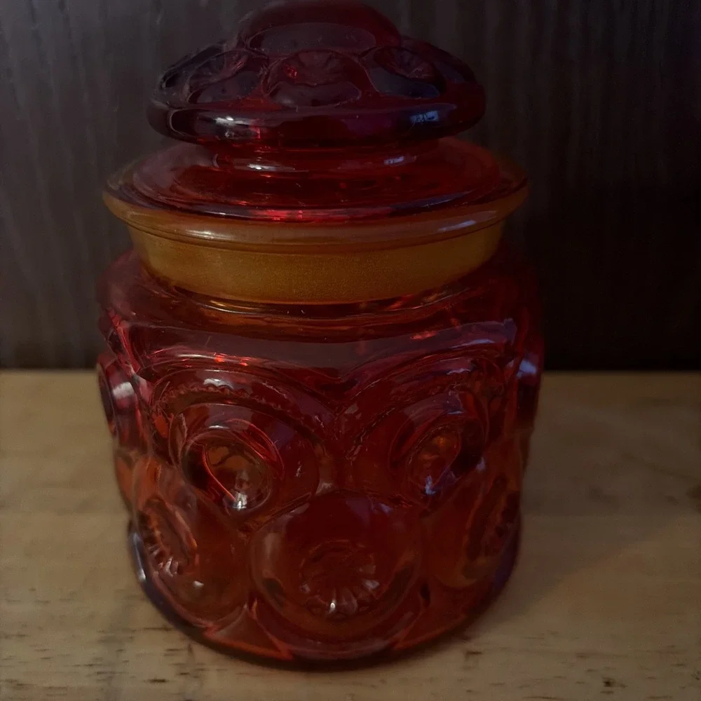 Vintage LE Smith Amberina Moon And Star Canister Lidded Glass Jar 5 In